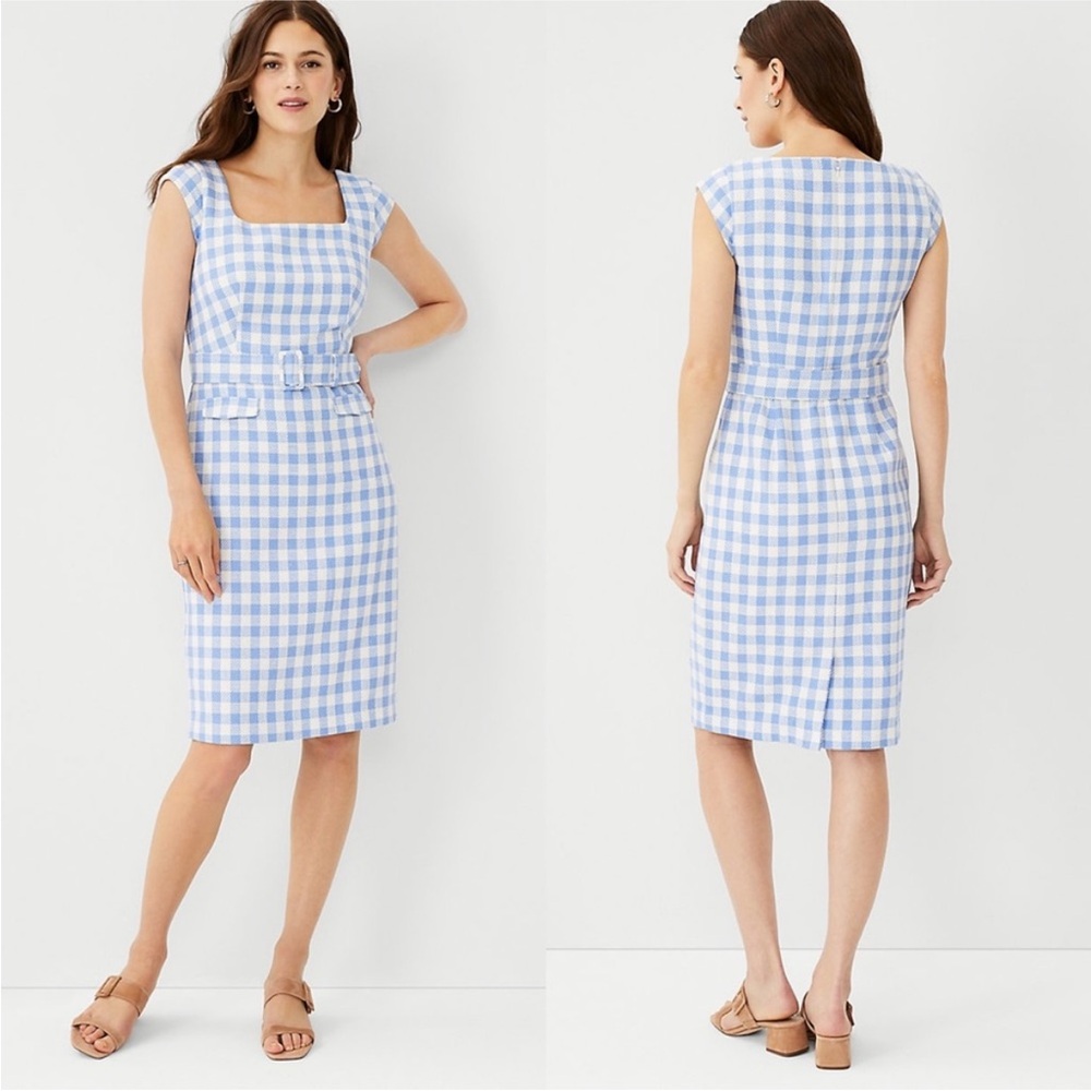 Ann Taylor Blue and White Gingham Belted Sheath Dress